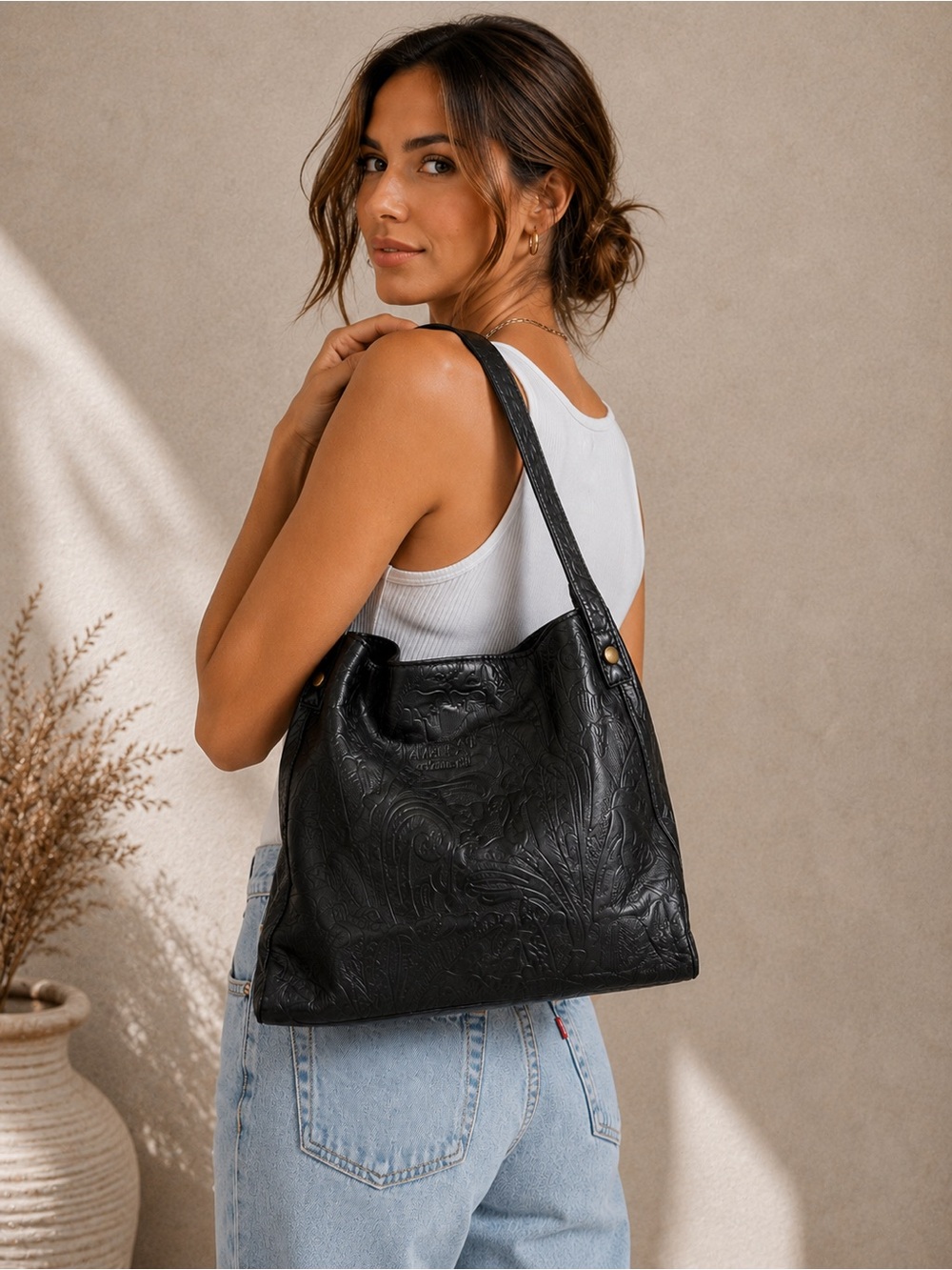 American Leather Co Liberty Shopper Black Tooled Floral Leather Shoulder Bag